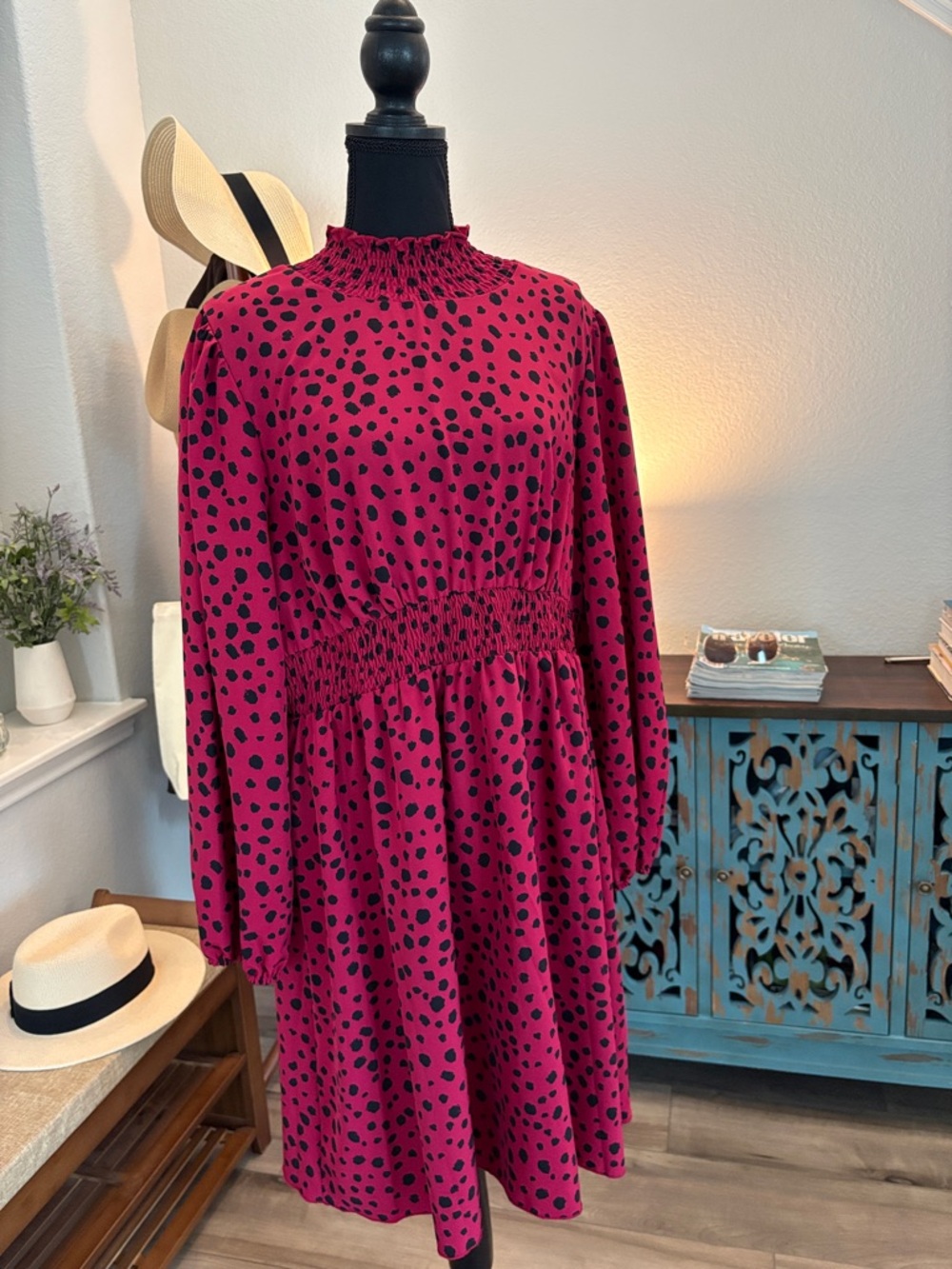 Magenta Dot Smocked Waist Long Sleeve Dress